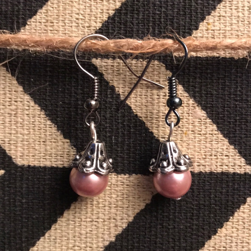 pink single glass pearl earrings with metal bead